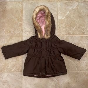 Sweet Gymboree brown & pink snow jacket / coat with faux fur hood in 12-24 mos.